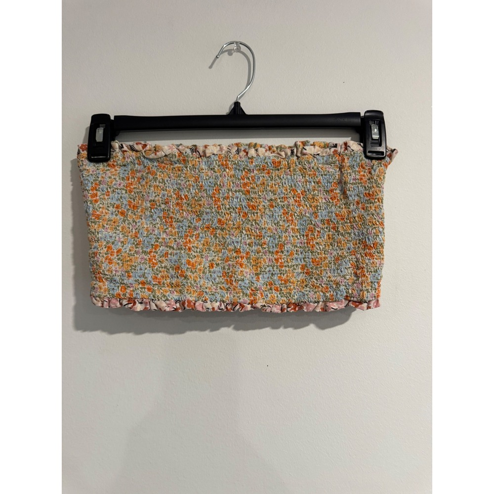American Eagle Smocked Bandeau Tube Top Womens Medium Floral Lettuce Trim